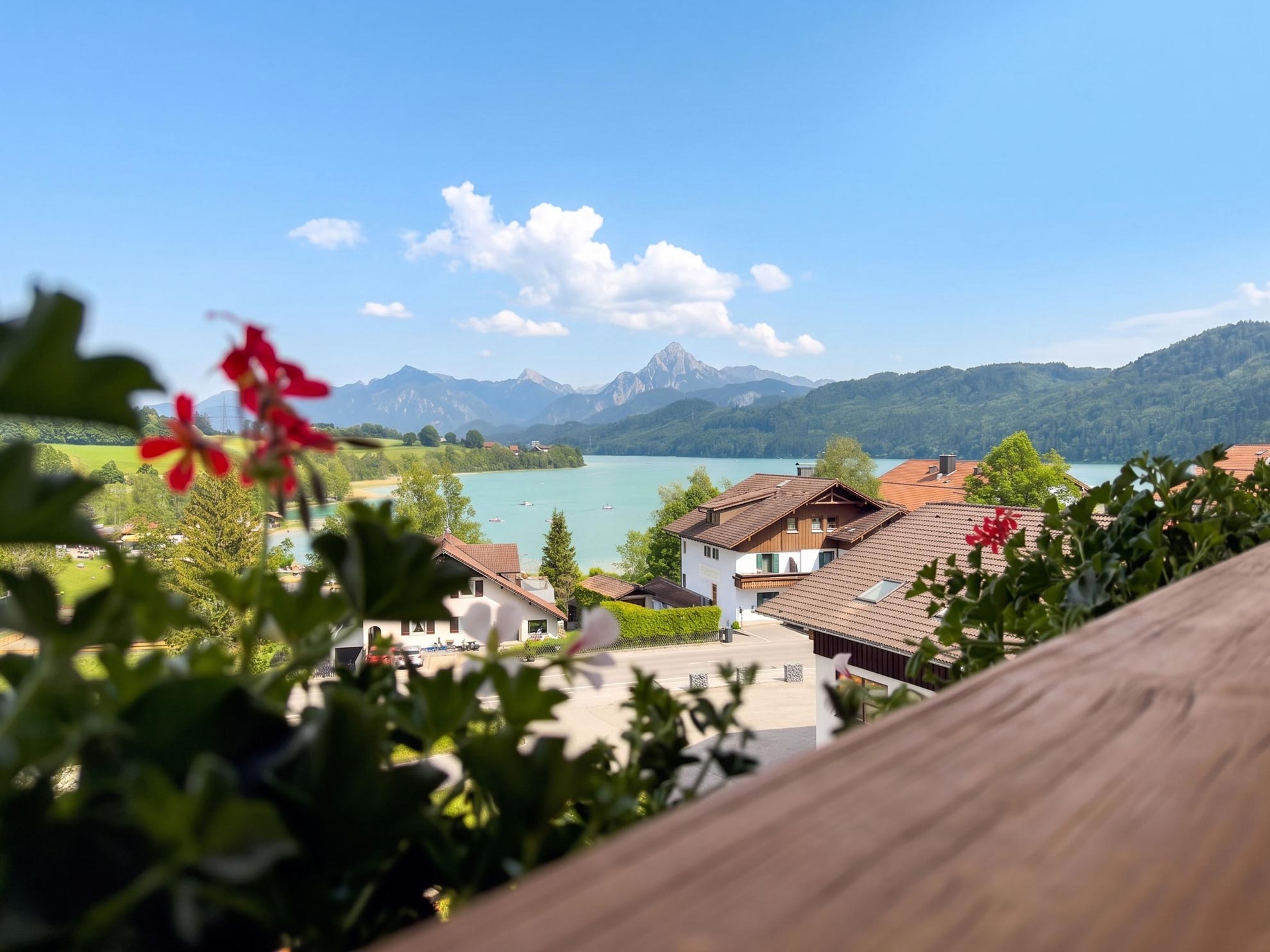 Ausblick auf den Weissensee vom Hotel Steigmühle im Allgäu